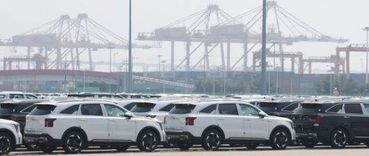 지난달 경기 평택시 포승읍 평택항 자동차전용부두에 수출용 차량들이 세워져 있다. 뉴스1