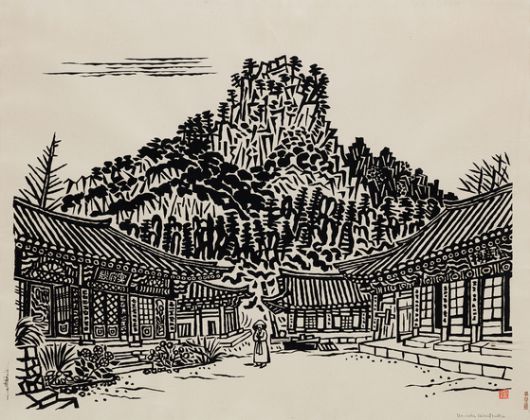 내금강 장안사(평촌운일,히로쯔카 운이치)1937년 61x76cm. 사진 명주사 고판화박물관