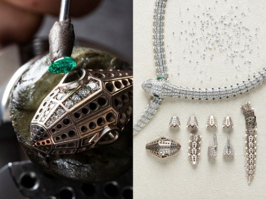 불가리의 주얼리는 이곳에서 전통 주얼리 제조 방식과 이를 더욱 정교하게 만들어주는 첨단 기술의 융합으로 만들어진다. 왼쪽은 세르펜티의 뱀 눈 부분에 장인이 보석을 세팅하는 모습이고, 오른쪽은 3D 프린터 등 첨단 기기로 만들어진 유닛들과 이를 조립해 완성된 세르펜티 네크리스의 모습이다. 사진 불가리