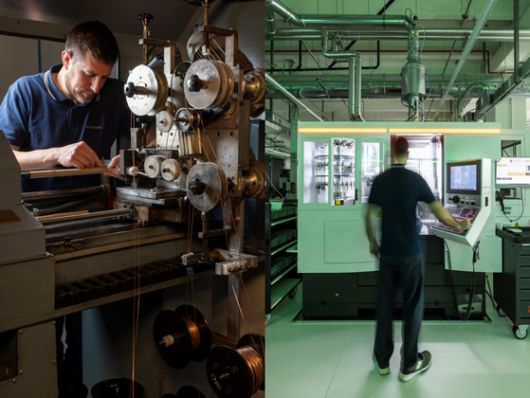 전통 방식의 주얼리 제조 과정(왼쪽)과 이를 지금에 맞게 적용한 첨단 제조 시설. 사진 불가리