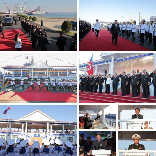 북한 노동당 기관지 노동신문은 26일 “김정은 동지를 모시고 새로 건조한 구축함 진수 기념식이 조선혁명의 첫무장력의 창건일인 뜻깊은 지난 25일 남포조선소에서 성대히 진행됐다”라고 보도했다. 신형 구축함은 5000t급으로, 북한은 이를 ‘최현급’으로 등급 분류했다. 노동신문=뉴스1