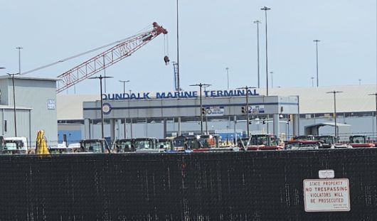 25일(현지시간) 미국 메릴랜드주 볼티모어항의 던독 해양 터미널에서 대형 크레인을 이용한 화물 하역 작업이 이뤄지고 있다. 볼티모어=김형구 특파원