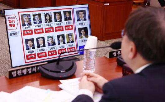 배형원 법원행정처 차장(오른쪽)이 2일 오전 국회 법제사법위원회 전체회의에서 이재명 더불어민주당 대선 후보 공직선거법 위반 사건에 대한 대법원 전원합의체의 파기환송 관련 질의에 답변하면서 조희대 대법원장과 대법관들의 사진이 뜬 화면을 보고 있다. 뉴스1