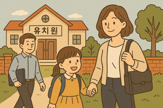 챗GPT에 '유연근무로 아이를 양육하는 출근길 부모'를 그려달라고 요청한 일러스트. 사진 일러스트 챗GPT로 생성