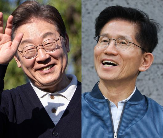지난 4일 오후 충북 제천군 의림지를 방문한 이재명 더불어민주당 대선 후보(왼쪽 사진)와 같은 날 오후 경기도 포천시 한센인 정착마을인 장자마을 행복나눔터를 방문한 김문수 국민의힘 대선 후보. 뉴스1