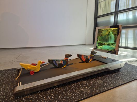 러닝머신 위를 달리는 오리인형 세 마리 'No Pain No Gain'. 레이첼 윤은 "우리 가족의 자화상"이라며 "달리지 않고 끌려가는 세 번째 오리가 나"라고 말했다. 권근영 기자