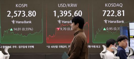 7일 서울 중구 하나은행 본점 딜링룸 전광판. 뉴스1