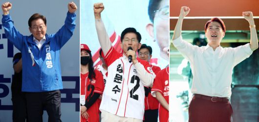 지난 12일 대선 공식 선거운동에 나선 더불어민주당 이재명 후보, 국민의힘 김문수 후보, 개혁신당 이준석 후보(왼쪽부터). 사진 연합뉴스