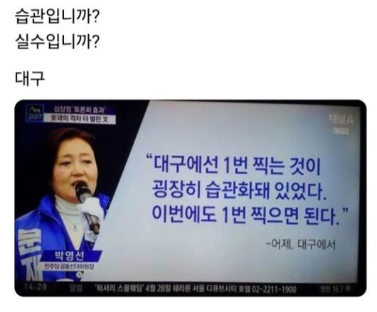 무조건 보수당만 찍는 대구를 조롱하려 누군가 지난 2017년 대선 당시 문재인 민주당 후보 측 박영선 공동 선대위원장 발언을 담은 사진을 포스팅했다. "전라도는?"이라는 댓글이 달렸다. [스레드 캡처]