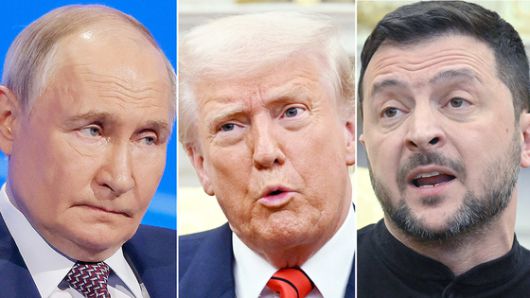 왼쪽부터 블라디미르 푸틴 러시아 대통령, 도널드 트럼프 미국 대통령, 볼로디미르 젤렌스키 우크라이나 대통령. AFP=연합뉴스