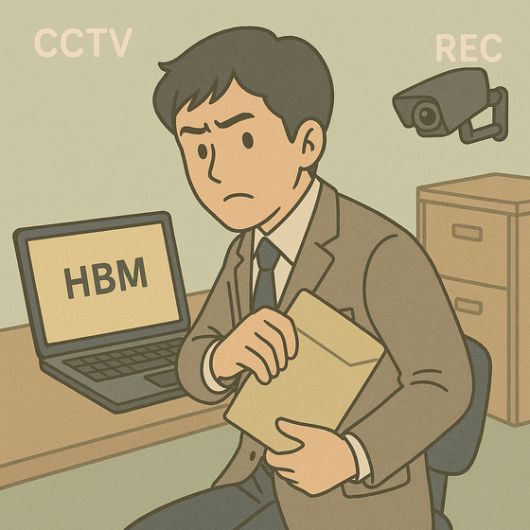 고대역폭메모리(HBM) 반도체 패키징 기술을 회사서 빼내는 직원의 모습을 표현한 인공지능(AI) 생성 이미지. 일러스트 챗GPT