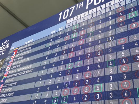 PGA 챔피언십 미디어 센터 스코어보드. 1이라고 써 있는 김시우의 홀인원 스코어가 보인다. 성호준 기자