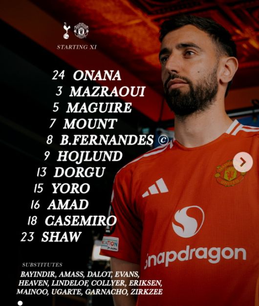 브루노 페르난데스가 이끄는 맨유의 유로파리그 선발 라인업. [사진 맨유 SNS]