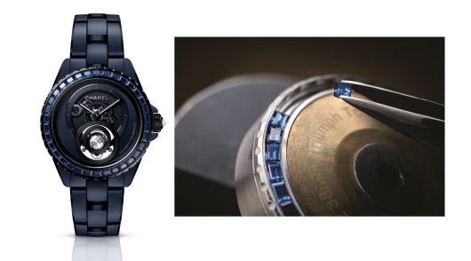 하이 컴플리케이션인 J12 블루 다이아몬드 투르비용 워치와 베젤에 바게트 컷 사파이어를 세팅하는 과정. 매트 블루 세라믹과 유색 스톤이 조화를 이룬다. 사진 샤넬