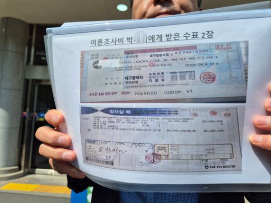 김영선 전 국회의원(왼쪽)이 26일 오전 경남 창원지법 법정동 앞에서 '홍준표 전 대구시장 측근이 미래한국연구소 쪽에 준 수표'라며 수표 2장을 공개하고 있다. 안대훈 기자