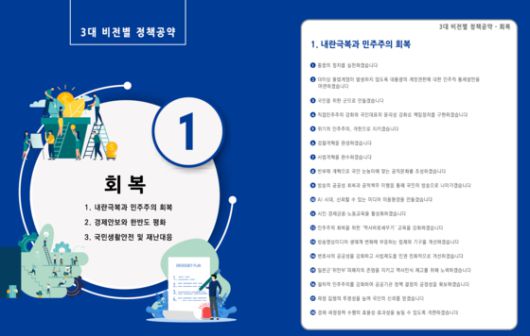 이재명 더불어민주당 대선 후보의 정책공약집 중 3대 비전별 정책공약 ‘회복’ 편.