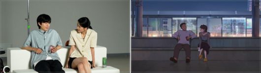 애니메이션엔 왼쪽 사진과 같은 실사 촬영을 거쳐 그려낸 장면이 들어갔다. 두 주인공이 합을 맞추는 장면이 어색하지 않은 이유다. 사진 넷플릭스