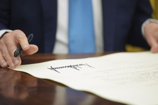 도널드 트럼프 대통령이 취임 직후인 1월 31일 백악관 집무실에서 행정명령에 서명한 뒤 자신의 서명을 지켜보고 있다. AP=연합뉴스