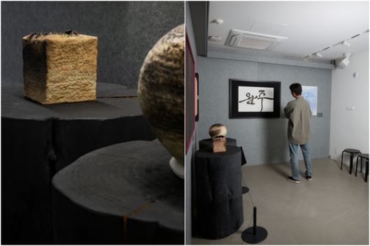 왼쪽은 정하현 작가의 도자기. 오른쪽은 김소영 서예가의 작품 앞에 선 박정민 배우. 사진 LCDC SEOUL