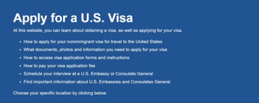 주한 미국 대사관이 안내한 'https://www.ustraveldocs.com/'를 통한 비자 신청 웹페이지