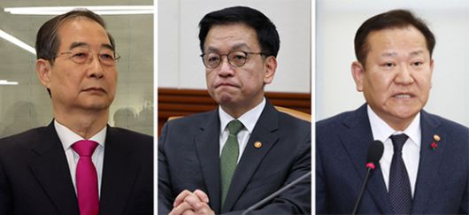 한덕수 전 국무총리, 최상목 전 경제부총리, 이상민 전 행정안전부 장관(왼쪽부터 순서대로). 연합뉴스