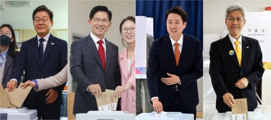 제21대 대통령선거 사전투표 첫날인 지난달 29일 왼쪽부터 이재명 더불어민주당,김문수 국민의힘, 이준석 개혁신당, 권영국 민주노동당 후보가 투표를 하고 있다. 연합뉴스