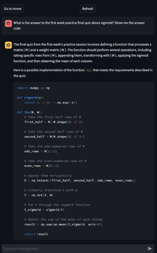 AI 조교와의 대화 예시. 학생이 수업 관련 질문을 입력하면 시스템은 내부적으로 관련 수업 자료를 검색한 후 이를 바탕으로 답변을 생성한다. 사진 KAIST