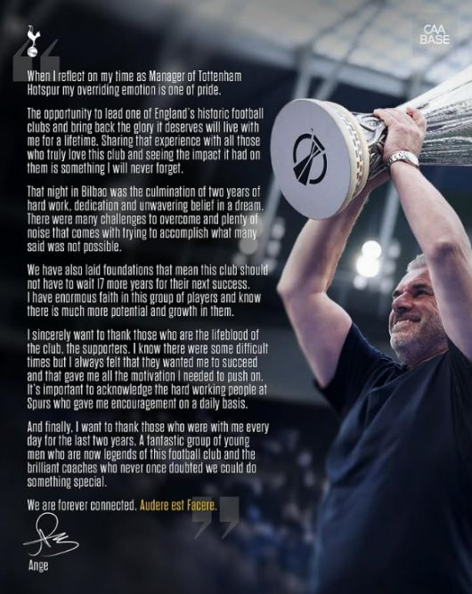 포스테코글루 감독이 토트넘 팬들을 향해 작별 인사를 남겼다. [사진 CAA 베이스 SNS]