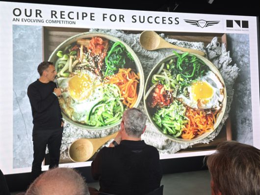 13일(현지시간) 시릴 아비테불 현대모터스포츠법인장 겸 제네시스 마그마 레이싱 총감독이 프랑스 르망에서 열린 내구 자동차 경기 대회 '르망24' 행사장에서 제네시스의 모터스포츠 전략을 설명하는 모습. 오삼권 기자