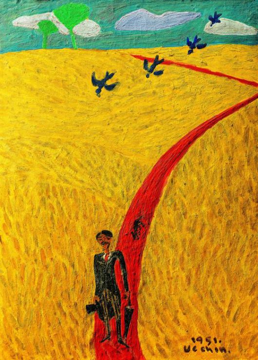 피란시절 손바닥 만한 갱지에 그린 '자화상'(1951). 결혼식 때 입은 프록코트 차림으로 노란 벌판을 걷는 모습이다. 제자 최종태가 "무슨 새를 그렸나요?" 묻자 까치라고 답했다. "까치는 저렇게 줄지어 날지 않는데요" 반문하자 장욱징은 "내가 시켰어"라고 말했다. 사진 장욱진미술문화재단