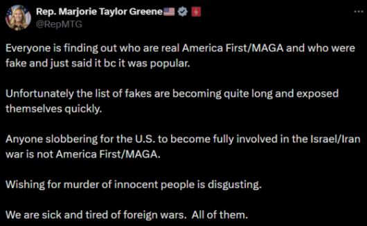 ‘트럼프 충성파’인 마조리 테일러 그린 하원의원은 18일(현지시간) X를 통해 “미국이 이스라엘과 이란의 전쟁에 전면적으로 개입해야 한다고 주장하는 사람은 ‘미국 우선 주의, 마가가 아니다”라고 지적했다. 사진 X