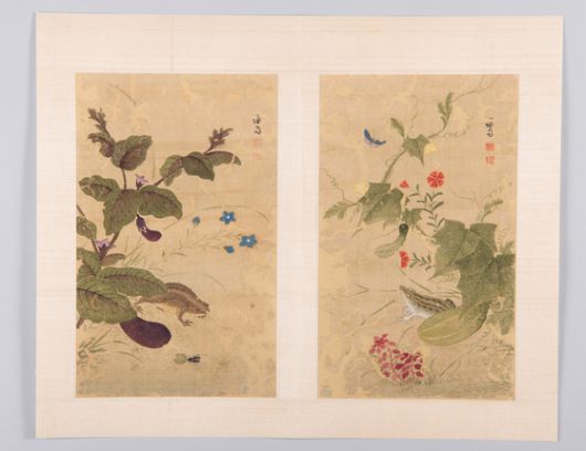 겸재 정선의 '화훼영모화첩' 중 '하마가자'(두꺼비와 가지. 왼쪽)와 '과전전계'(외밭의 참개구리). 오른쪽 개구리 등 줄무늬를 내는 데 금을 쓰는 등 고급 안료의 사용도 확인됐다. 사진 간송미술문화재단