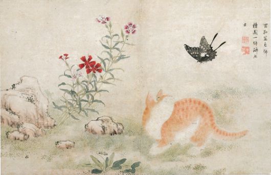 패랭이꽃 핀 초여름 정원에서 고양이가 제비나비를 놀리고 있다. 단원 김홍도의 '황묘농접'(18세기). 털 한 올 한 올의 묘사 뿐 아니라 생물들과의 관계에서 벌어지는 긴장감 등 구도의 천재였다. 사진 간송미술문화재단