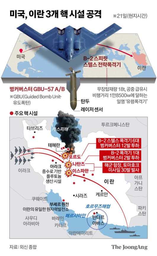B-2 폭격기가 22일(현지시간) 이란 핵시설에 대한 공습을 마치고 미국 화이트맨 공군 기지에 도착하고 있다. AP=연합뉴스