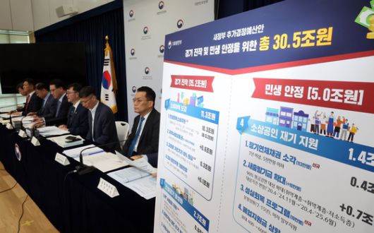 기획재정부 임기근 2차관이 지난 18일 정부세종청사 민원동 공용 브리핑실에서 새 정부 추가경정예산안에 관해 설명하고 있다. 연합뉴스