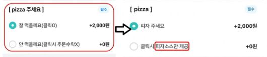 한 피자가게가 배달 애플리케이션(앱)에서 팁을 강제 결제하도록 해 논란이 됐다. 사진은 해당 가게의 초기 필수 선택 메뉴(왼쪽)와 바뀐 메뉴. 사진 온라인커뮤니티 캡처