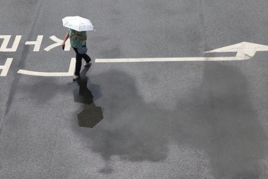 1일 경기도 파주시 임진각에서 관광객이 양산을 든 채 장맛비로 젖은 땅을 걷고 있다. 연합뉴스