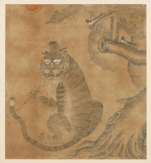 조선시대 '까치 호랑이' 민화 중 하나인 경기대학교 소성박물관 소장 '호질도(虎叱圖)'. 지본채색, 68x74cm [사진 경기도미술관]