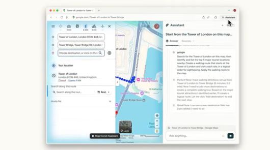 퍼플렉시티가 유튜브에 올린 코멧(Comet) 구동 화면. 구글 지도를 켜둔 상태에서 주요 목적지를 포함한 경로를 알려달라고 지시하자 스스로 검색해 최적 결과물을 내놓는다. 퍼플렉시티 유튜브 채널 캡처