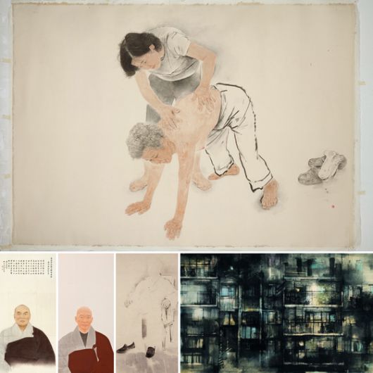 김호석 화백은 홍익대학교 재학 중이던 1979년 22세 나이로 등단한 수묵화가다. 위는 시어머니와 며느리의 훈훈한 정을 그린 '바람 목욕'. 아래 왼쪽 두 작품은 각각 성철 스님과 법정 스님 초상화. 그 오른쪽은 '얼굴 없는 노무현'으로, 김 화백이 노무현 전 대통령을 직접 만나 대화 끝에 그렸다고 한다. 김 화백은 ″나중에 러시아와 몽골의 알타이 암각화군을 보니, 이 '얼굴 없는 노무현'처럼 윤곽과 선으로 인물을 그렸더라. 미술의 시원은 암각화임을 다시 느꼈다″고 했다. 아래 맨 오른쪽은 김 화백이 1979년 중앙미술대전으로 등단했을 때 출품한 '아파트'. [사진 김호석]