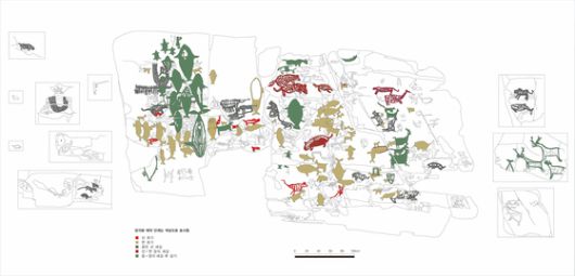 선 쪼기, 면 쪼기, 굵은 선 새김 등 제작 기법으로 나눈 반구대 암각화. 반구대 암각화는 전면 높이 2.7m, 너비 6m다. 사진처럼 좌우에 있는 암벽의 그림까지 합하면 너비는 9m에 이른다. [사진 김호석]