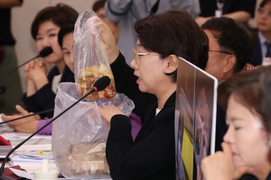 이달희 국민의힘 의원이 14일 강선우 후보자 인사청문회에서 음식물 쓰레기 봉투를 들고 갑질 의혹 관련 질문을 하고 있다. [연합뉴스]