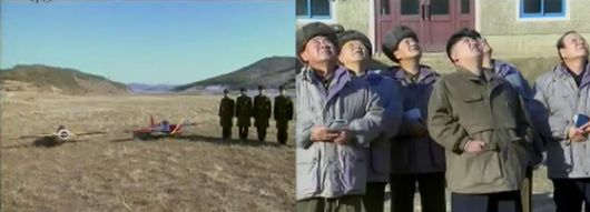 김정은 북한 국무위원장이 김정일 국방위원장 사망 한 달여 만인 2012년 1월 27일 군 수뇌부와 서부지구항공구락부를 방문해 무인항공기 시범을 참관하고 개발을 독려했다. 조선중앙TV 캡처, 연합뉴스