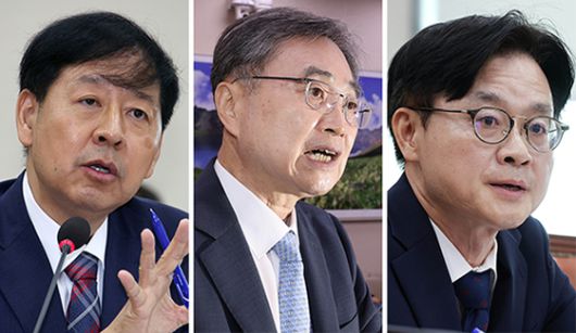 구윤철 기재부, 조현 외교부, 김정관 산업부 장관 후보자(왼쪽부터)가 17일 국회에서 열린 인사청문회에서 발언하고 있다. 구 후보자는 배우자의 농지투기 의혹, 조 후보자는 재산 신고 누락 의혹, 김 후보자는 두산그룹과의 이해충돌 가능성 등에 대해 질의를 받았다. 임현동·전민규 기자, [뉴시스]
