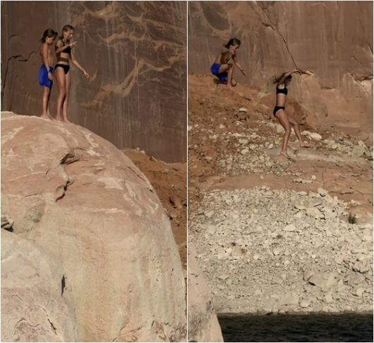 가렛 지의 첫째·둘째 아이가 절벽에서 호수로 뛰어내리고 있다. 사진 인스타그램 ‘garrettgee’ 캡처