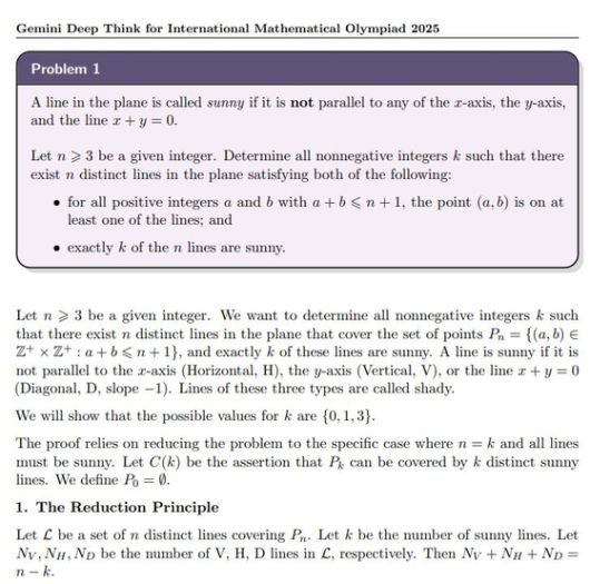지난달 호주의 선샤인코스트에서 열린 올해 국제수학올림피아드(IMO)에서 구글 딥마인드의 '제미나이 딥 싱크'(Gemini Deep Think)가 인간 참가자들과 경쟁하는 가운데 제출한 답안지의 일부. 제미나이 딥 싱크는 이번 IMO에서 금메달 커트라인(35점)에 해당하는 점수(35점)를 얻었다. 사진 구글 딥마인드 제공