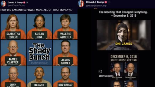 뱀을 맨손으로 잡는 여성, 고속도로를 질주하는 차량, 오토바이 곡예 영상 등 정치와 무관한 장면을 짜깁기한 영상. 사진 트루스소셜 캡처