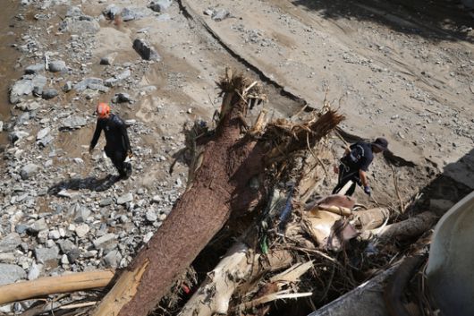 21일 경기도 가평군 수해현장에서 경찰 관계자와 체취 증거견이 캠핑장에서 실종된 일가족을 수색하고 있다. 전민규 기자