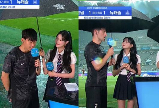 손흥민이 지난 3일 서울월드컵경기장에서 토트넘과 뉴캐슬의 경기가 끝난 뒤 인터뷰하고 있다. 토트넘의 벤 데이비스 선수도 같은 여성 리포터와 인터뷰하고 있다. 사진 온라인 커뮤니티 캡처