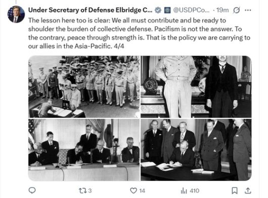 트럼프 2기 행정부 국방정책의 '키맨'으로 꼽히는 엘브리지 콜비 미 국방부 정책차관은 14일(현지시간) 자신의 X계정에 한국을 비롯한 아시아 동맹국들을 향해 ″모두 집단 방어의 부담을 짊어지고 이에 기여할 준비가 돼 있어야 한다″는 글을 올렸다. 콜비 차관 X